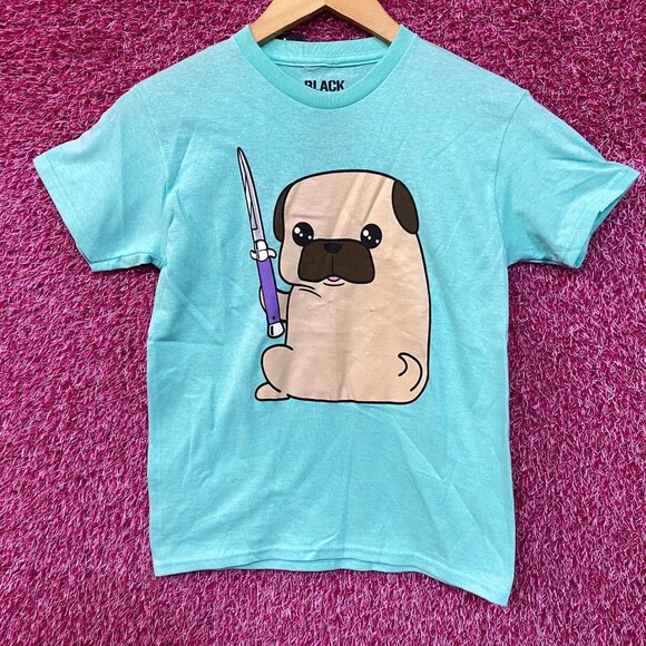 Doug the Thug Pug Butterfly Knife Kawaii Pop Art T-Shirt Extra Small - Picture 1 of 5